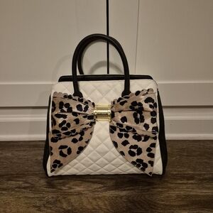 Betsey Johnson Quilted Satchel Leopard Bow Floral Lining Black White Rare